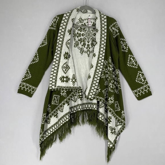 Lady Mariam Sweaters - Lady Mariam Women Knit Cardigan Green Fringe Aztec Tribal Long Sleeve